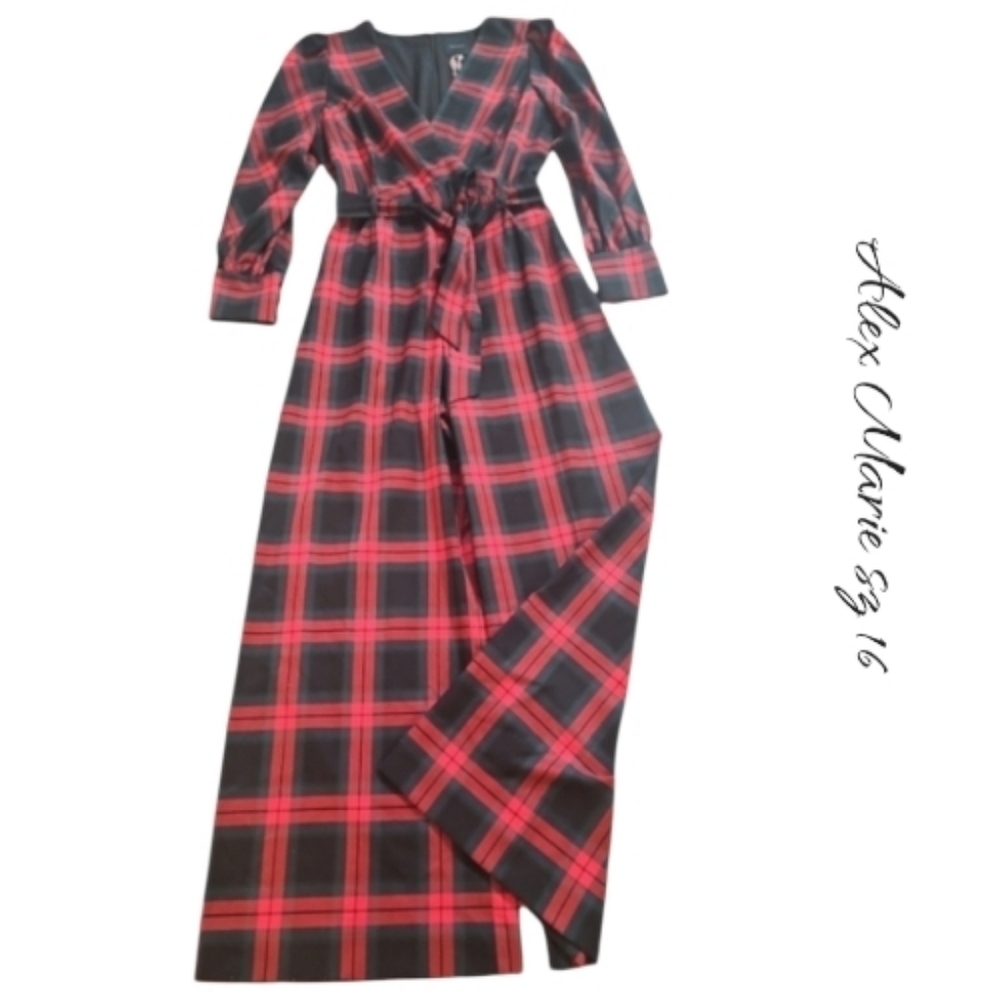 NWT Alex Marie Plaid Wide Leg Jumpsuit Size 16 Red Black Holiday Long Sleeve
